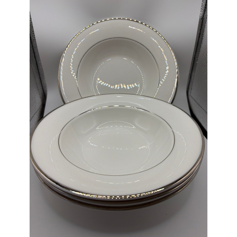 4 Mikasa Cameo Platinum rimmed soup bowls 8.75"